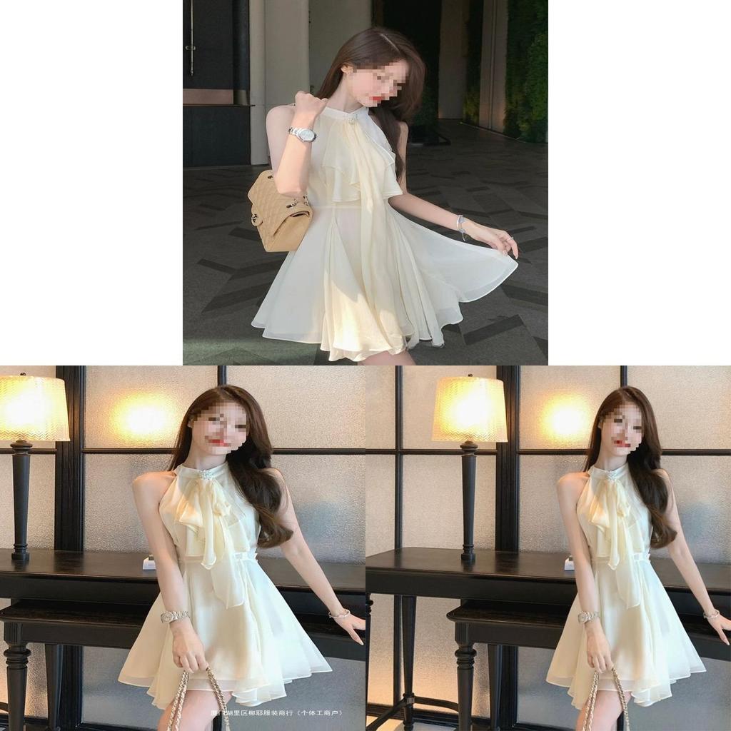 French Lady Irregular Waistless Chiffon Dress With Halter Neck For Summer Fashion