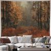 2D Enchanted Misty Fall Forest Tapestry, Aesthetic Woodland Background Cloth