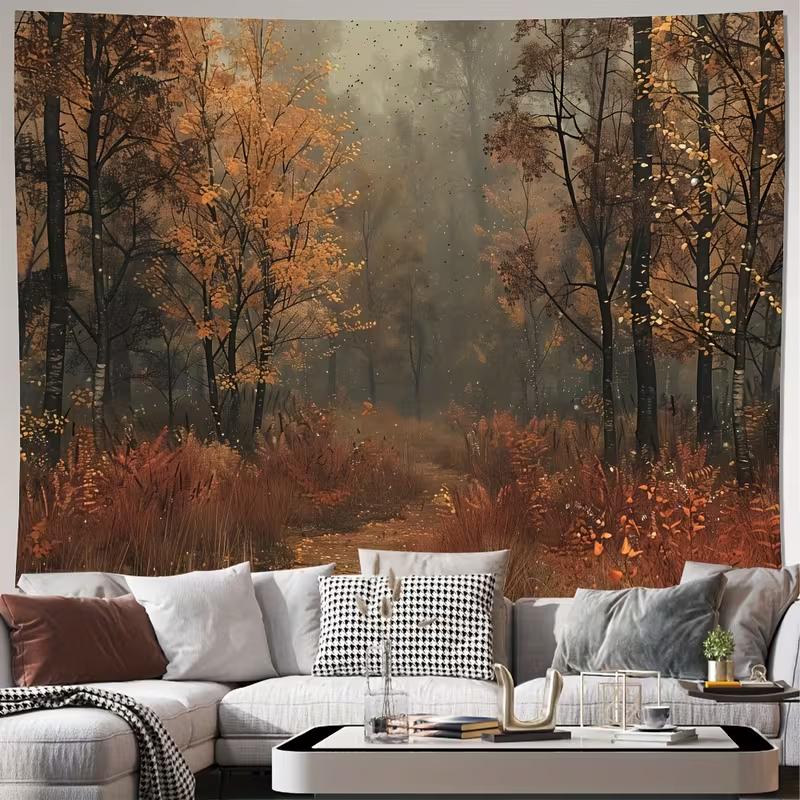 2D Enchanted Misty Fall Forest Tapestry, Aesthetic Woodland Background Cloth 47.2x31.5inch/120*80cm