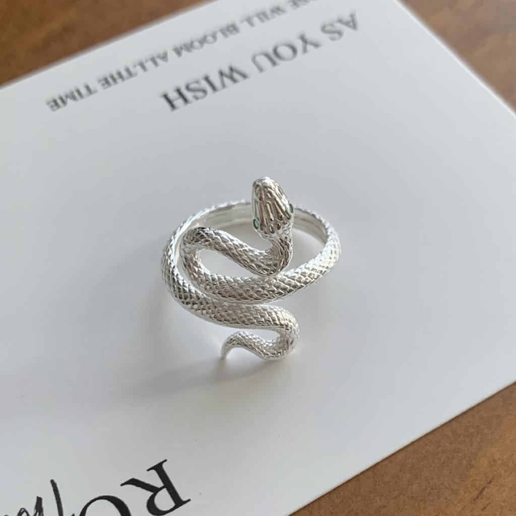 S925 Sterling Silver Snake Ring, Zodiac Spirit Snake Green Diamond Ring, Light Luxury High-end Design, Cold Wind Men's and Women's Rings