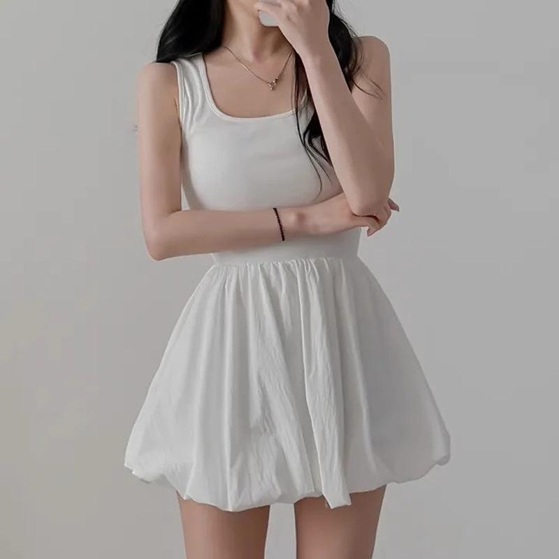 French White Suspender Dress Women's Summer Chic Waist Thin Bud Short Skirt Sweet Waist Fluffy Skirt