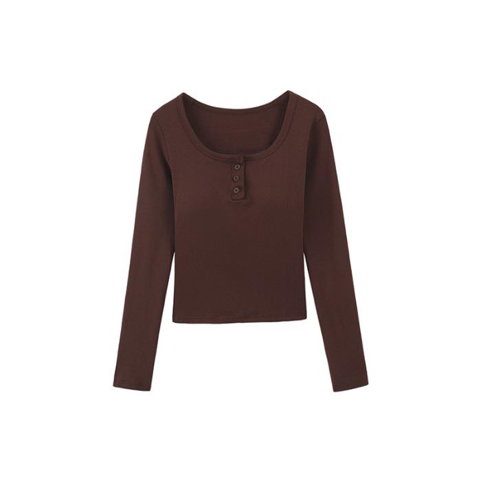 Women's Slim Fit Square Collar Long-Sleeved T-Shirt with Chest Pads for Autumn and Winter