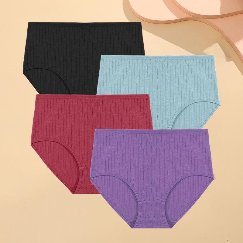 FINETOO 4KS/SET Bavlněné pruhované dámské spodní prádlo Sexy kalhotky s vysokým pasem Jednobarevné měkké slipy Dámské prodyšné strečové spodní prádlo