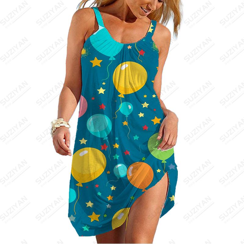 

Colorful Balloon 3D Printed Dress Female Spaghetti Strap Dress Beach Fashion Dress Summer Popular Dress Loose Casual Dress 5XL