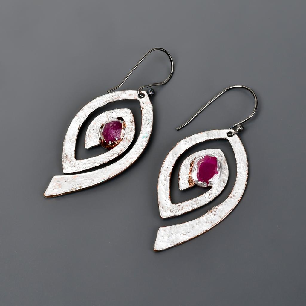 Pink Ruby Gemstone Silver Plated Dangle Drop Multi Electroformed Ethnic Earrings V-88