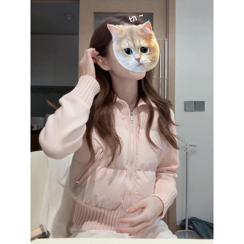 Retro small pink knitted splicing cotton-padded jacket for women's winter slim-fitting thickened short cotton-padded jacket