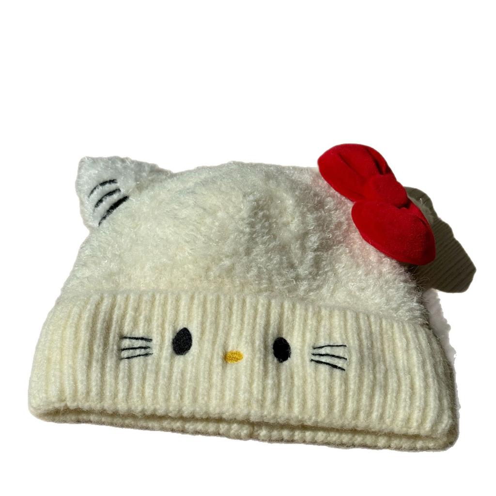 Cute Cat Bow Warm Woolen Hat for Women In Autumn and Winter Versatile Niche Slimming Cat Ears Sweet Knitted Hat