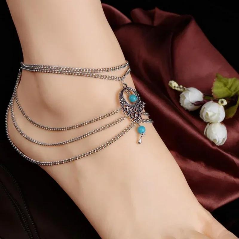 Seaside Beach Ankle Anklelaces Vintage Hollowed Out Turquoise Water Drop Ankle Chains Bohemian Tassel Ankle Chains Geometric