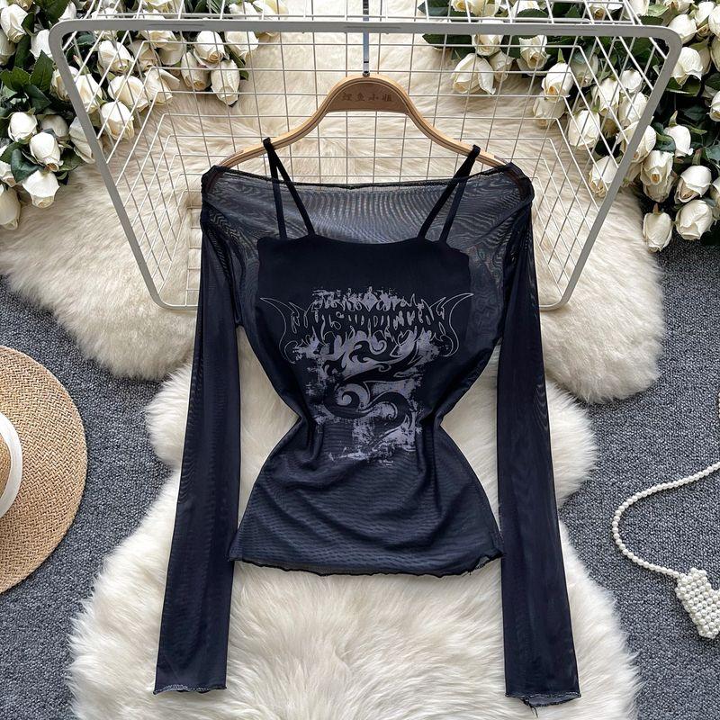 Stylish Bandage Dress Two-piece Set Women's Fashion off-the-Shoulder Long Sleeves Thin Print Mesh T-shirt + Bottoming Shirt Camisole