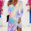 Women Plus Size V Neck Long Sleeve Printed A Line Dress Black Blue Purple Green