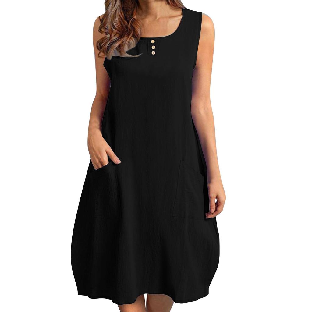 Fashionable Women's Cotton And Linen Loose Pocket Women's Dress