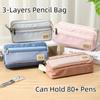 Pencil Case Large Capacity Pencil Pouch 3 Layers Zipper Pen Bag Office Stationery Organizer Simple Sturdy Transparent Pencil Bag