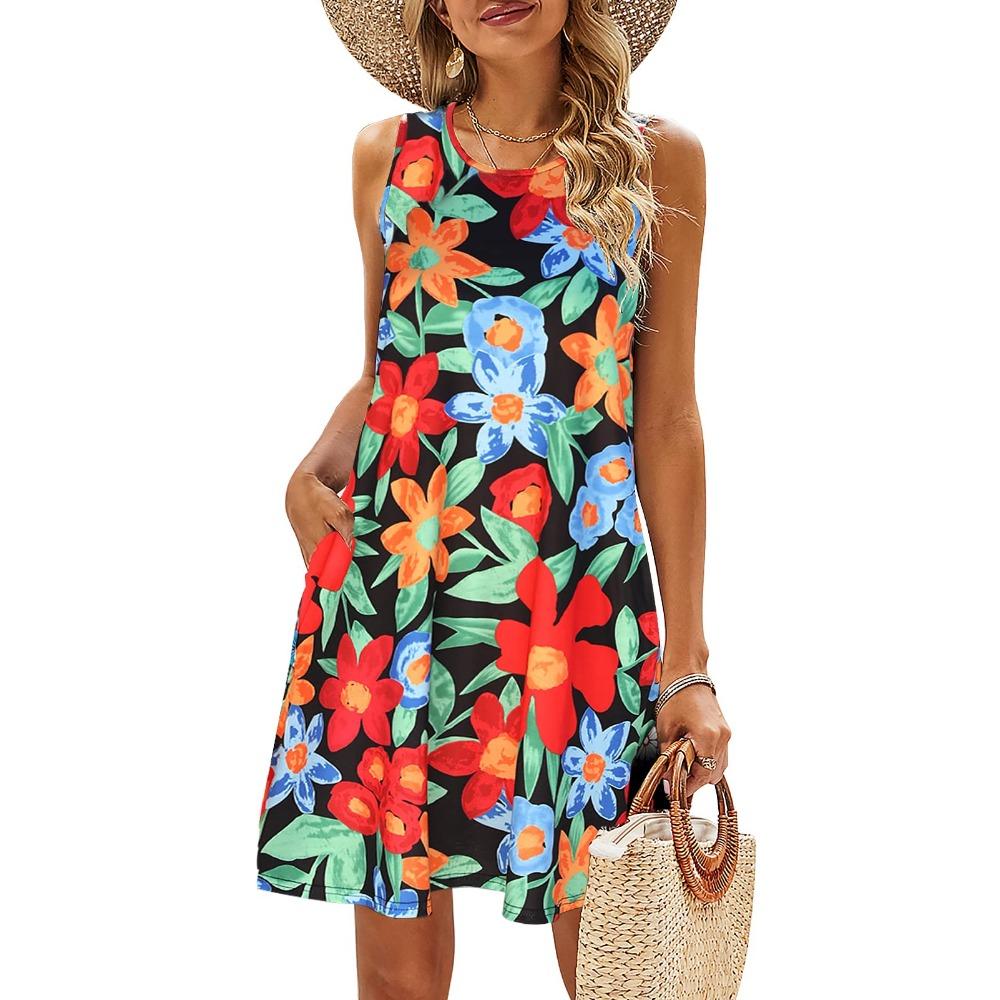 Summer Women's Beach Dress Bohemian Style Sleeveless Fresh Floral T-shirt, Vest And Vest Dress Elegant Short Dress