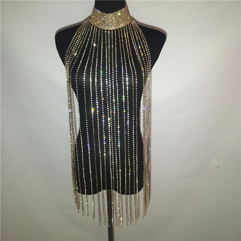 European And American Fashion Rhinestone Body Chain Jewelry Sexy Exaggerated Flash Diamond Fringed Body Chain Necklace Cape Woman