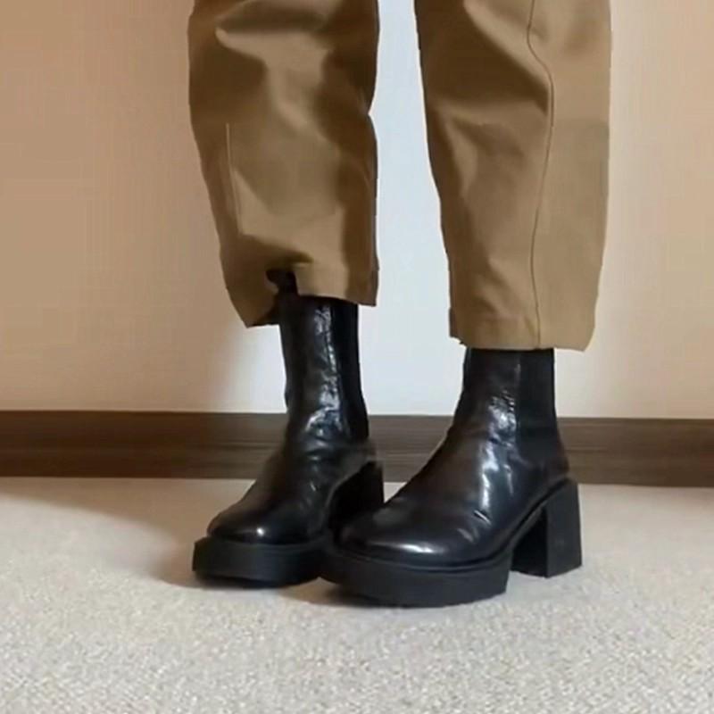 Cowhide Version~ Leather Platform Short Boots Women's Autumn and Winter Retro Chelsea Boots Thick Heel Thin Boots British Martin Boots