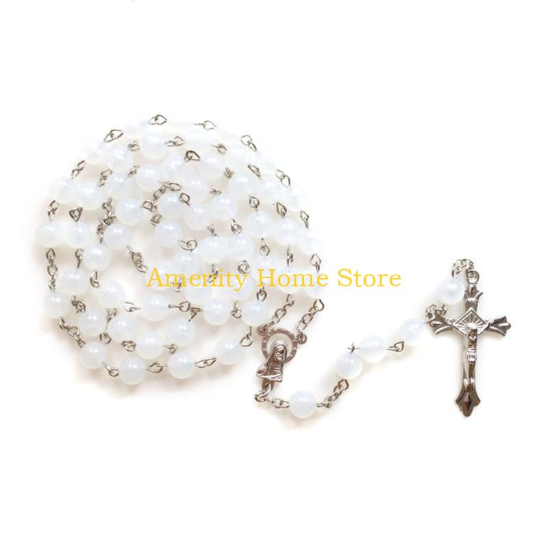 F26C Acrylic White Luminous for Cross Rosary Necklace Hanging Pendant for Women Men Praying Meditation Gift Supplies