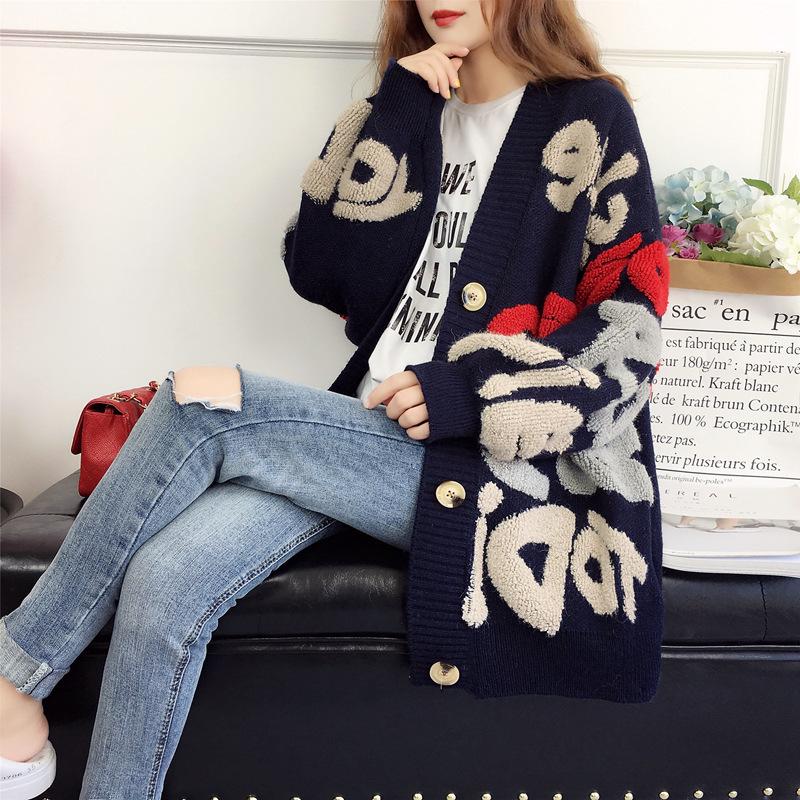 Cardigan nou tricotat lejer în stil coreean: Toamnă/Iarnă, Design cu Litere Contrastante, Pulover Casual de Damă