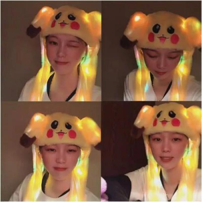 Led Plush Rabbit Hats Glowing Pikachu Ears Hat Cute Stitch Moving Ears Cap Adult Children Funny Festival Party Dress Up