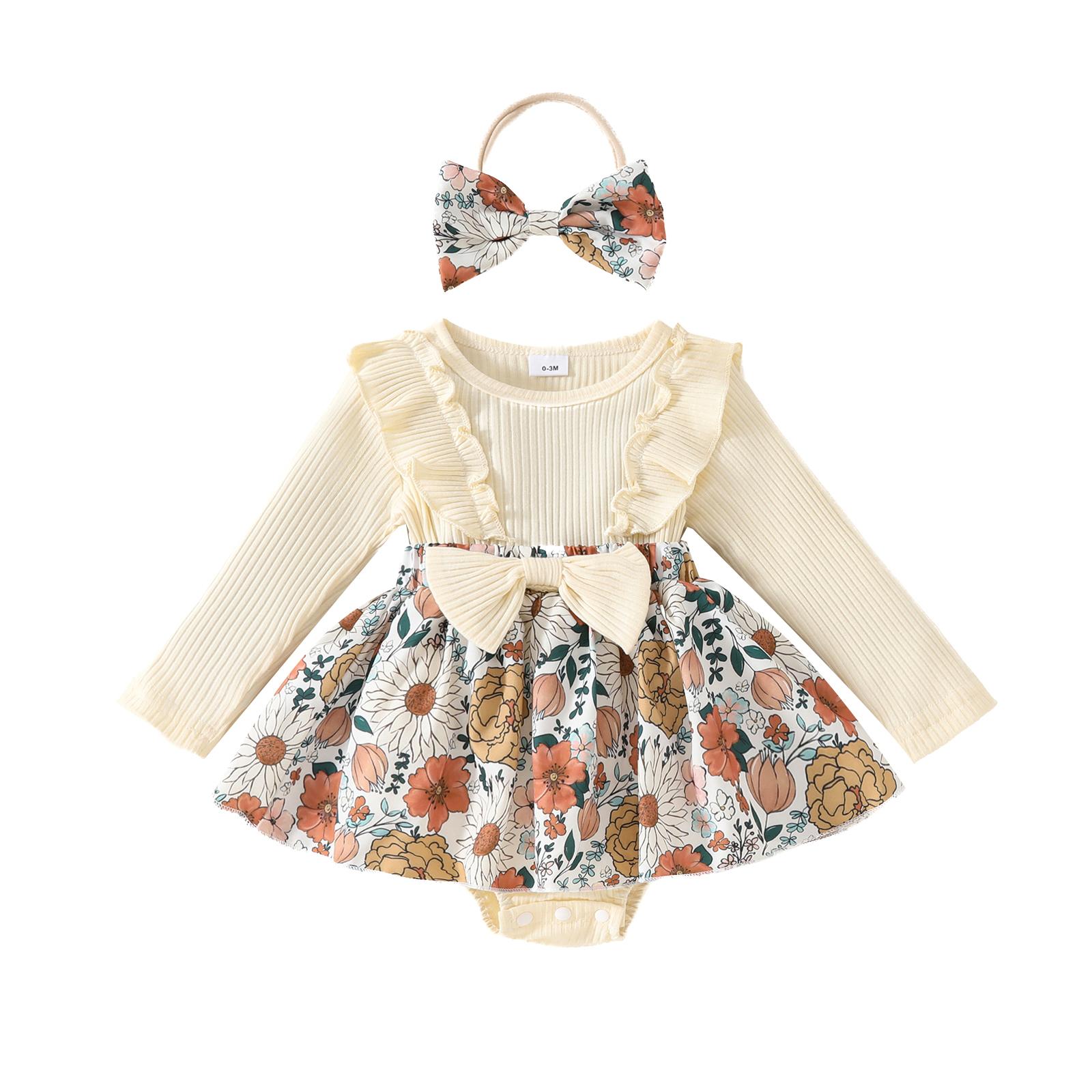 

Осенний наряд для девочки, цветочный принт, оборки, длинный рукав, комбинезон, платье, бант, повязка на голову, комплект из 2 предметов 6-12 Months белый