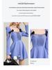 Chic Blue Retro French Square Neck Puff Sleeve Dress with Bow, 2024 Spring/Autumn.