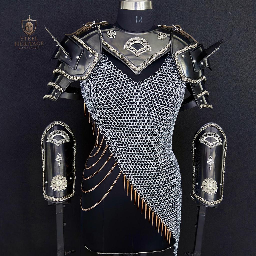 Women's Fantasy Warrior Costume with Chainmail and Shoulder Guards for LARP Cosplay Renaissance Faire
