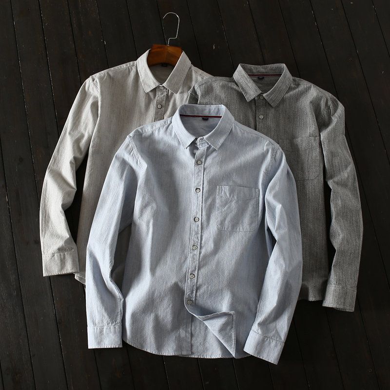 Export Original Order Leftover Stock Autumn Men Washed Pure Cotton Silm Long Sleeves Shirt Men's Casual Large Solid-Colored Shirt Fashion