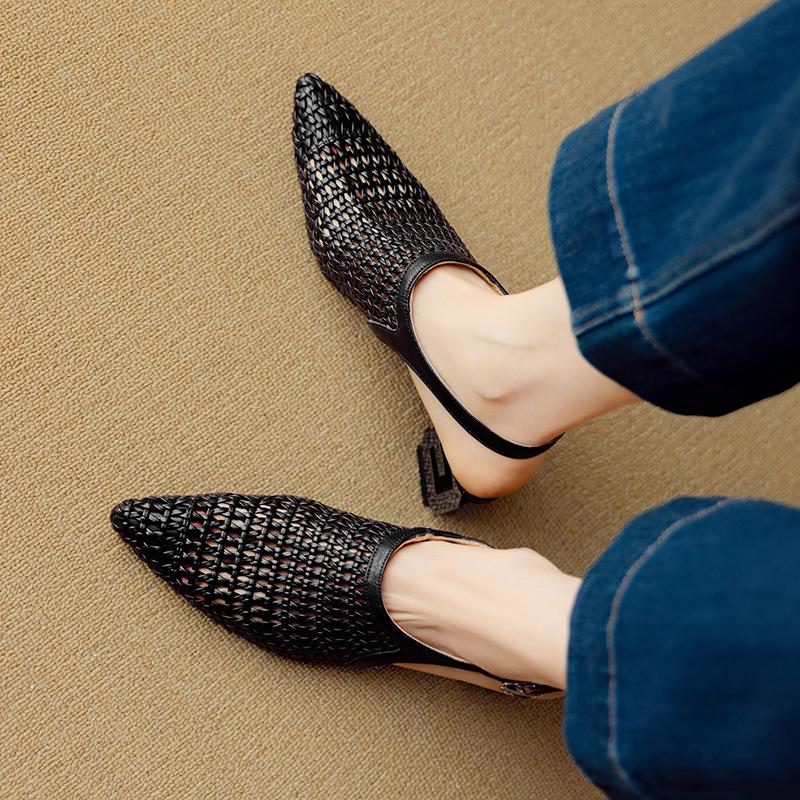 5.5Cm | Woven pointed pointed hollow bag head sandals women's middle heel with Roman shoes 2025 summer new hole