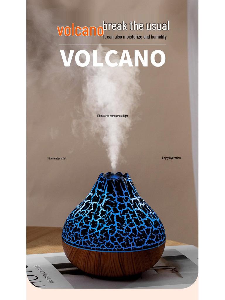 USB Wood Grain Mini Volcano Humidifier with LED Flame Effect - Large Mist & Night Light