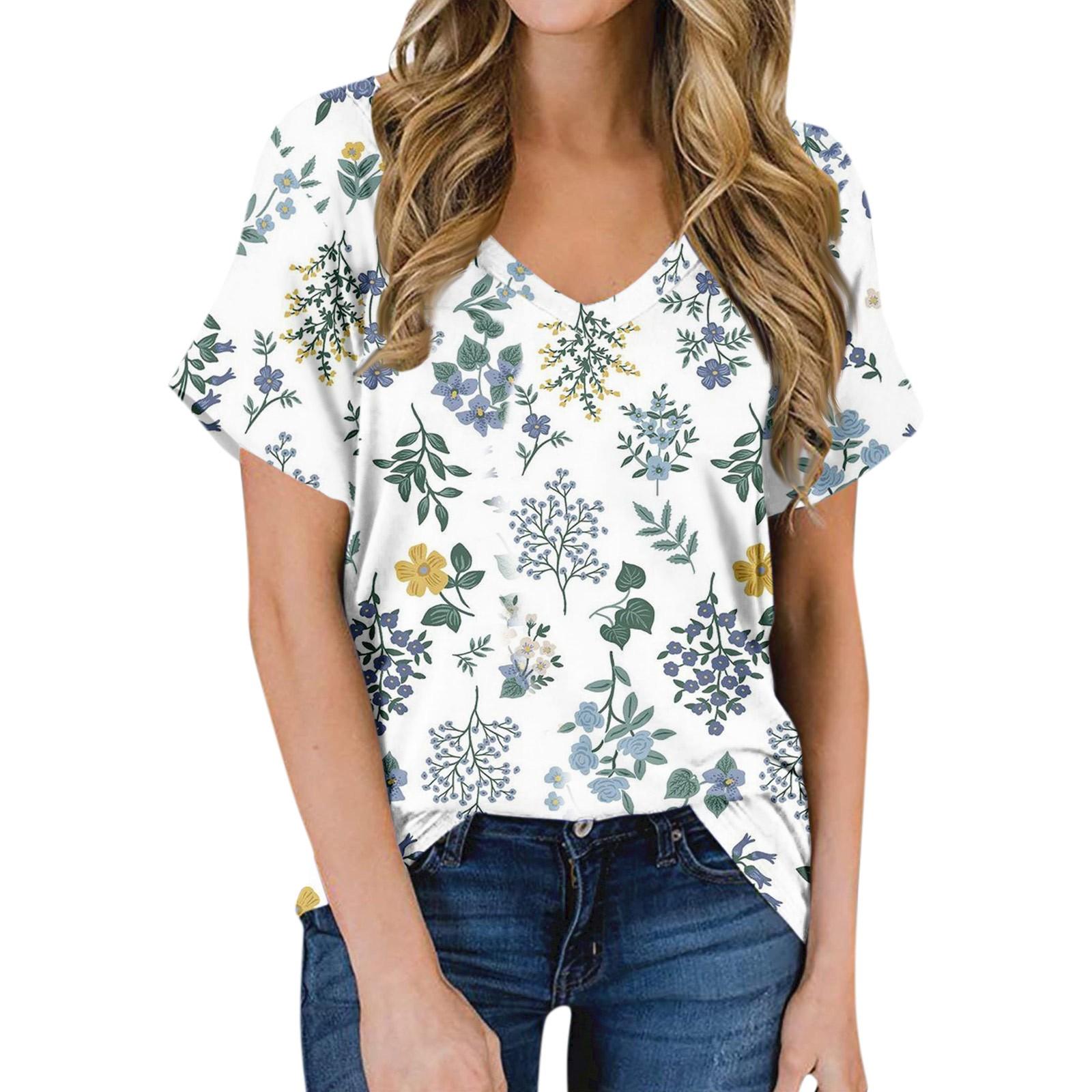 

Женская летняя модная повседневная блузка с V-образным вырезом и коротким рукавом с принтом L