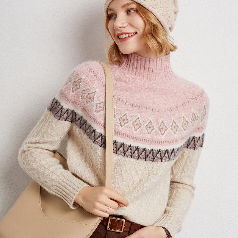 Women's Retro Thickened High Neck Cashmere Jacquard Pullover Sweater for Autumn/Winter