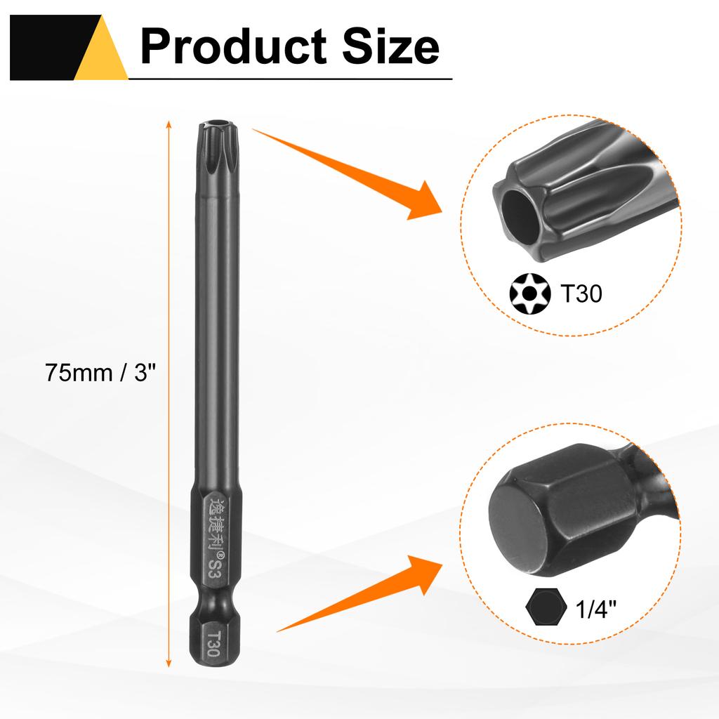 6pcs T6-T40 Torx Screwdriver Bit 1/4" Hex Shank 75mm/100mm S3 Steel Magnetic Tamper Proof Star 6 Point Head Hex Screw Driver Bit