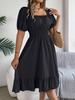 Women's Square Neck Puff Sleeve Pleated Waist Ruffle Hem Dress