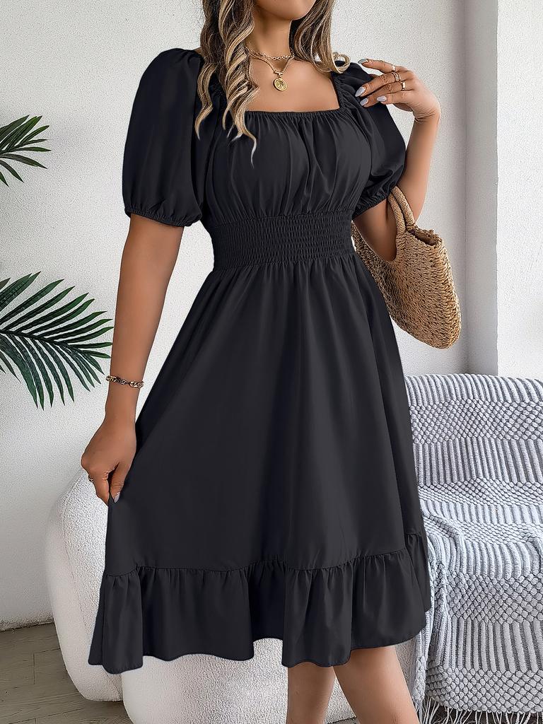 Women's Square Neck Puff Sleeve Pleated Waist Ruffle Hem Dress