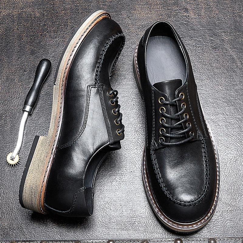 Men'S Business Dress Leather Shoes British Round Head Versatile Casual Korean Version Men'S Shoes Wedding Shoes Lace-Up Pure Handmade Single Shoes