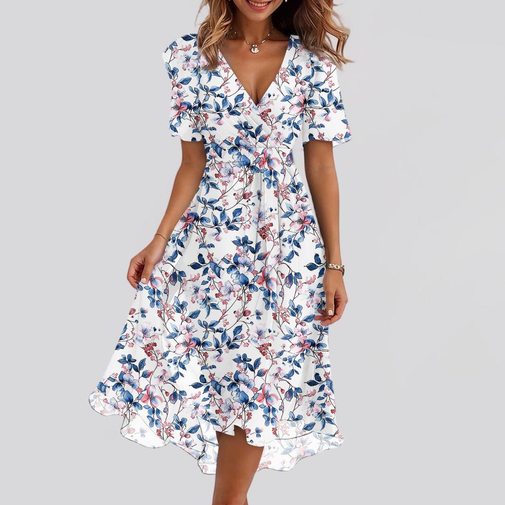 Women's Fashion Casual V Neck Short Sleeve Ruffled Vintage Printed Dresses