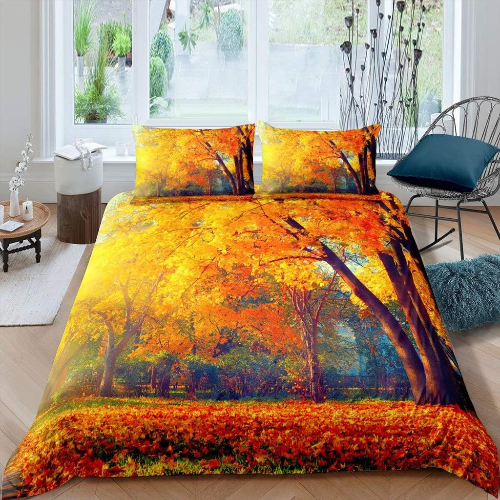 Forest Duvet Cover SetNature Theme Fall Leaves Bedding Set For WomanAutumn Trees Wood Hunter Woodland Red Branches Bedspread