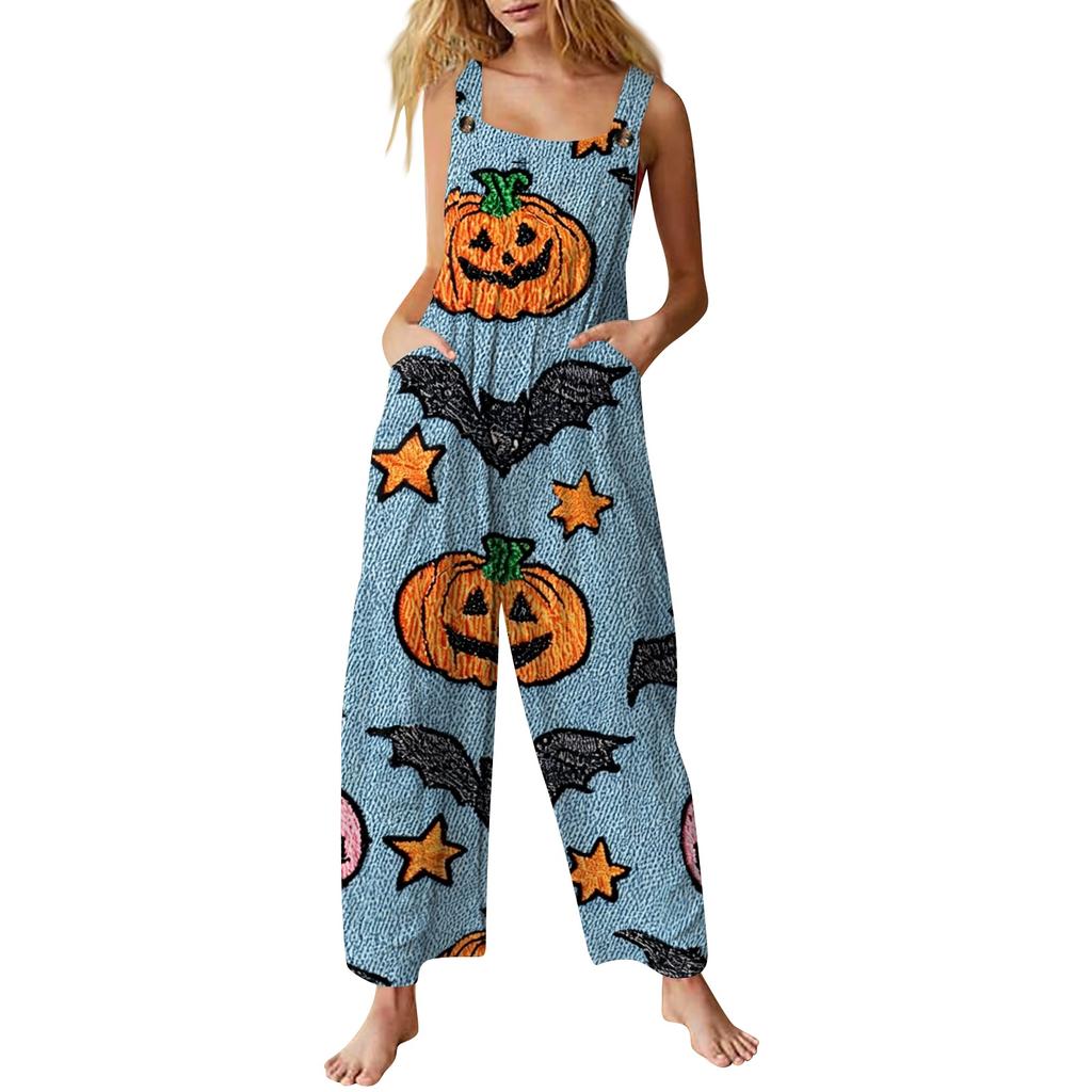 Womens Sleeveless Jumpsuit Halloween Print Cotton Casual One Piece Romper Loose Fit Pockets Wide Leg Full Length