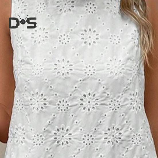 Women's Summer Mini Dress Casual Hollow Out Sleeveless Cotton Dress Boho Loose Crew Neck Short Dress for Beach Holiday