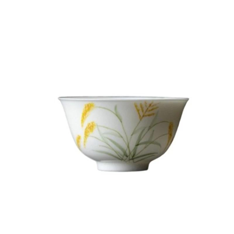Hand-Painted Wheat White Porcelain Tea Cup - Large Zen Master Cup for Home, Pu-erh Tea andmade Ceramic Drinking Gift
