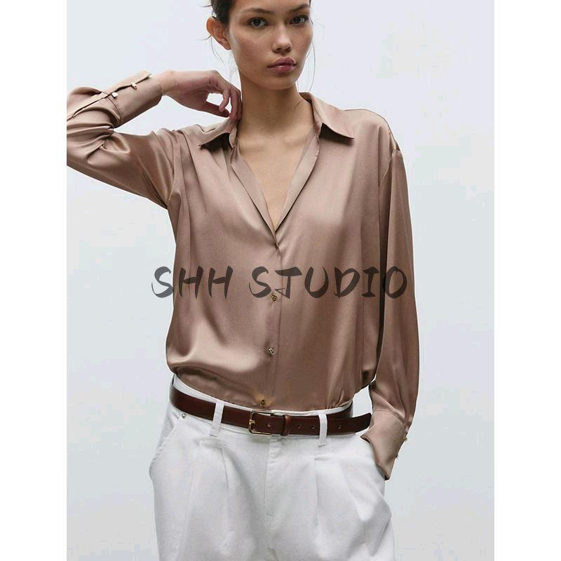 Spring New Women's Clothing Lapel Silk Satin Texture Classic Vertical Shirt 2074580 2074140