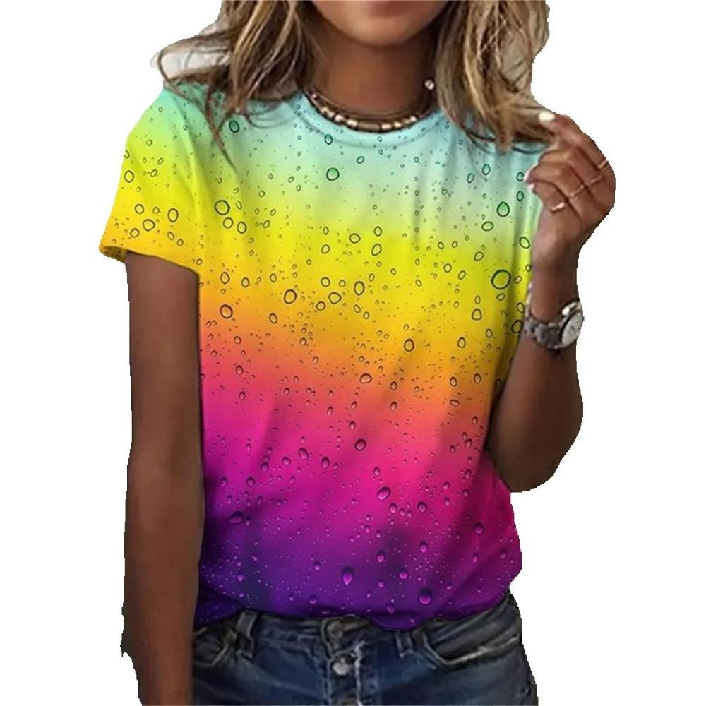 Women Clothing Harajuku Leisure Loose Breathable Short Sleeve Summer Personality Gradient Water Drops 3d Print