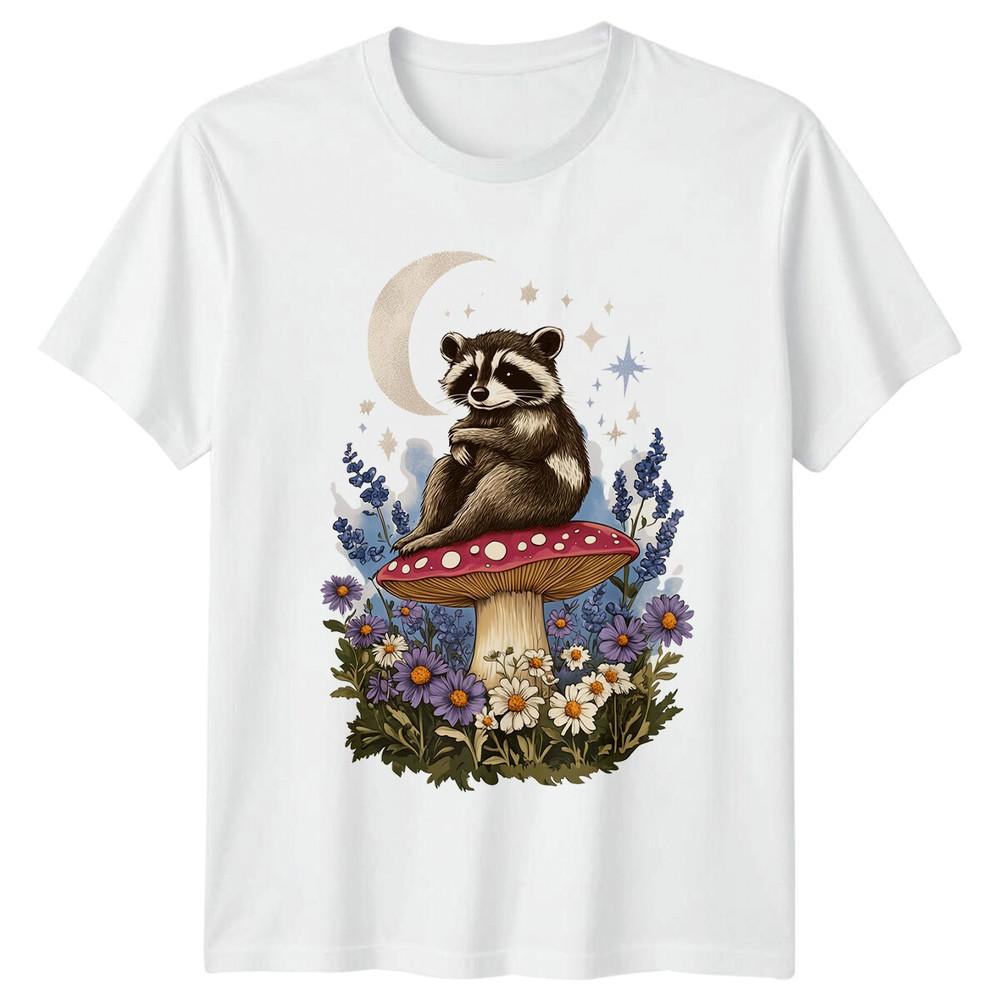 Raccoon Mushroom Moon Stars Floral Naturecore Aesthetic TShirt S