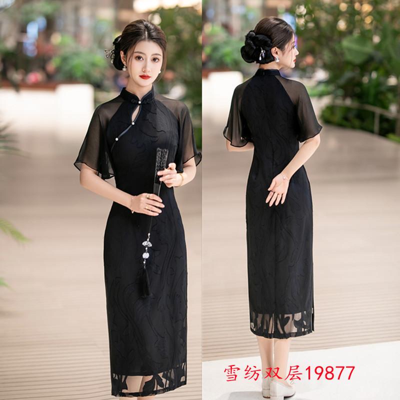 New Chinese chiffon inverted large-sleeved long black cheongsam 1011 summer new improved fashion young daily wear