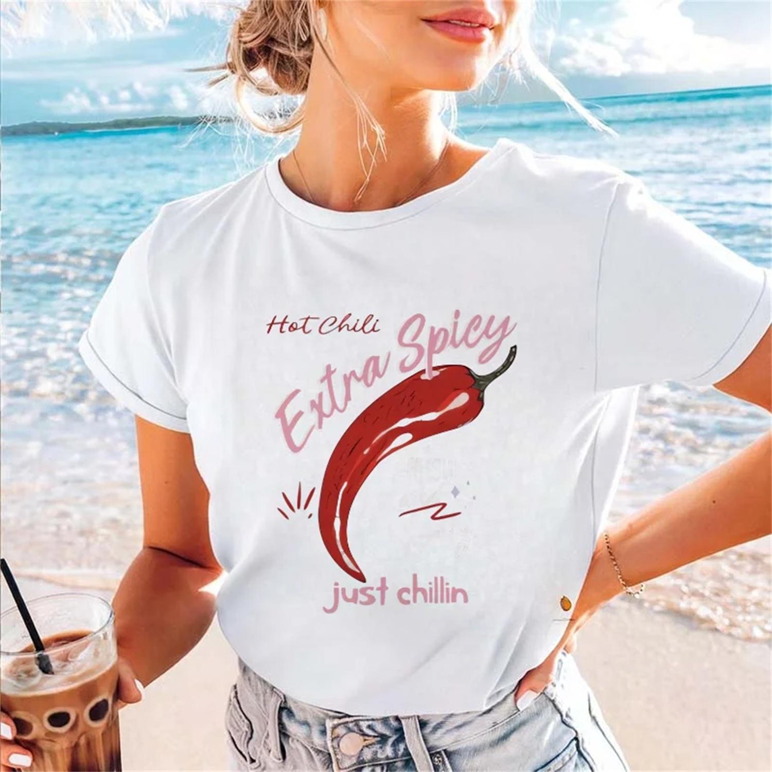 Fashionable Women s Cartoon Chili Pattern Printed 90s T-Shirt Harajuku Short Sleeved Clothes Summer Basic Versatile T-Shirt S