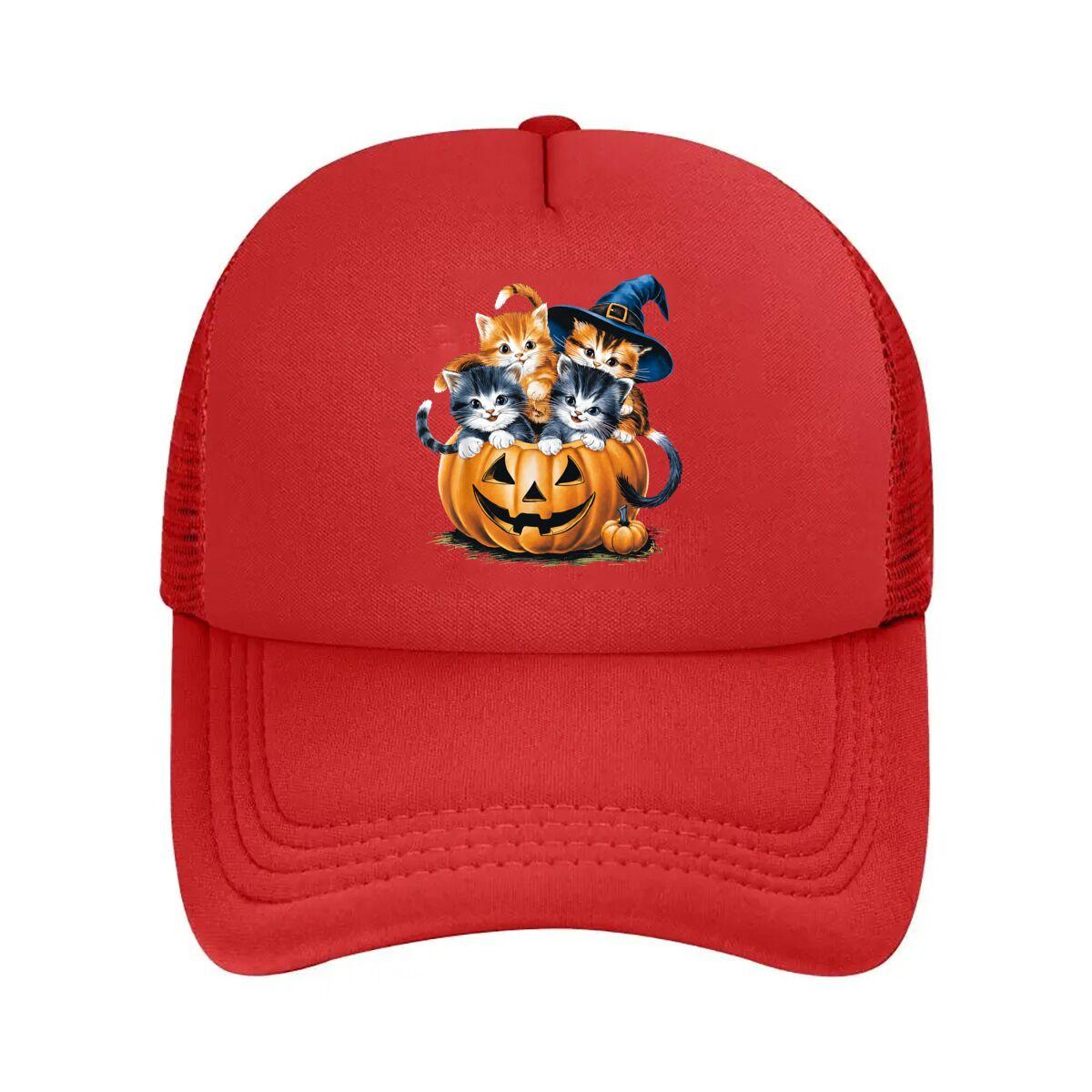Halloween Kittens Pumpkin Witch Hat Wall Art  Mesh Baseball Cap Hip Hop Adjustable