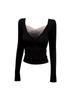 Autumn/Winter V-Neck Mesh Patchwork Long Sleeve Top for Women - Slimming Waist-Cinching Korean Design