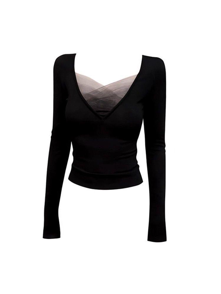 Autumn/Winter V-Neck Mesh Patchwork Long Sleeve Top for Women - Slimming Waist-Cinching Korean Design