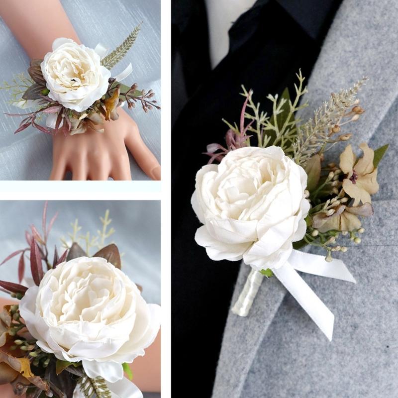 Romantics Champagne Wrist Corsage and Boutonniere Artificial Flower Set for Wedding Ceremonies Bridal Shower Flower