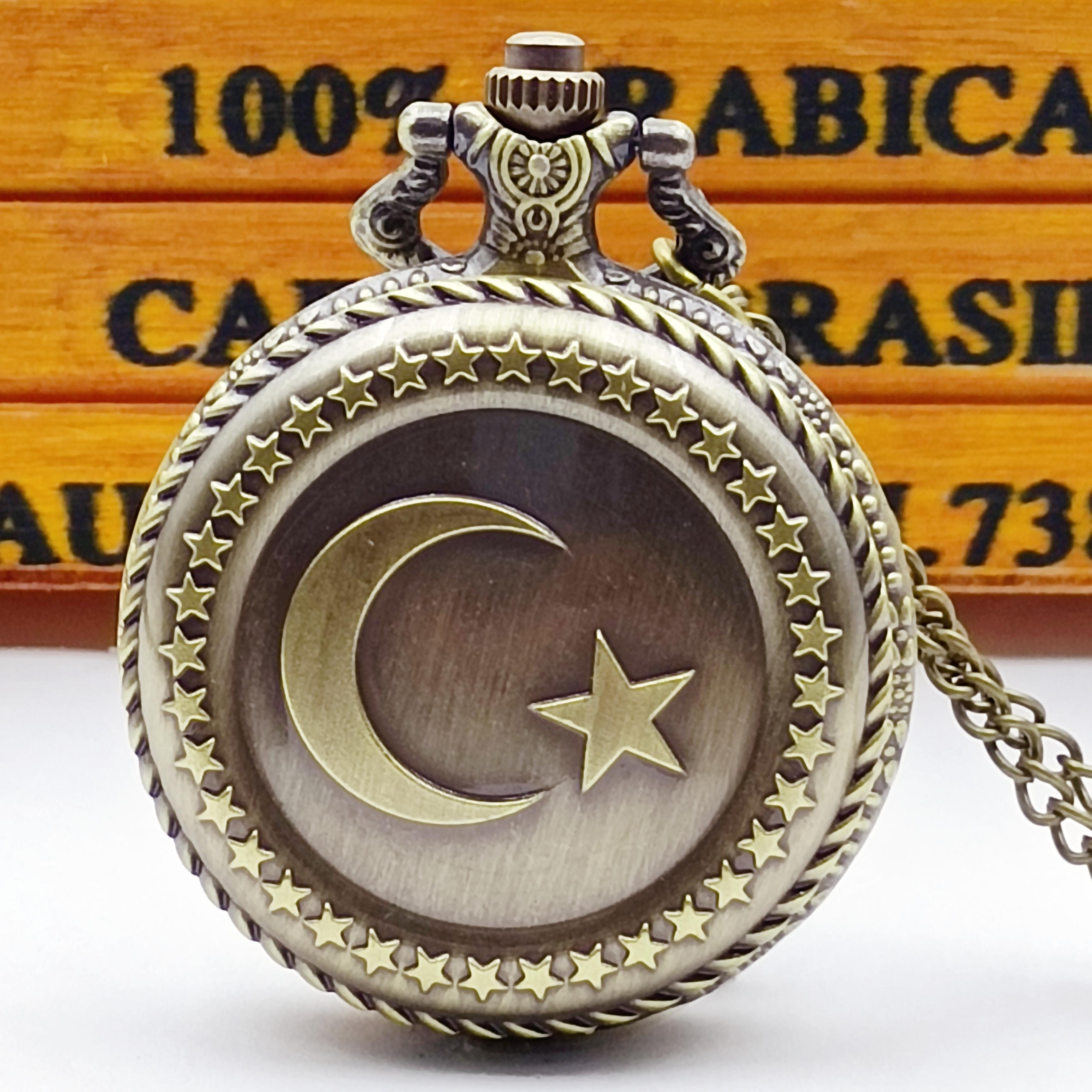 

Vintage Bronze Star And Moon Engraved Necklace Quartz Pocket Watch For Holiday Gifts For Men And Women бронзовый