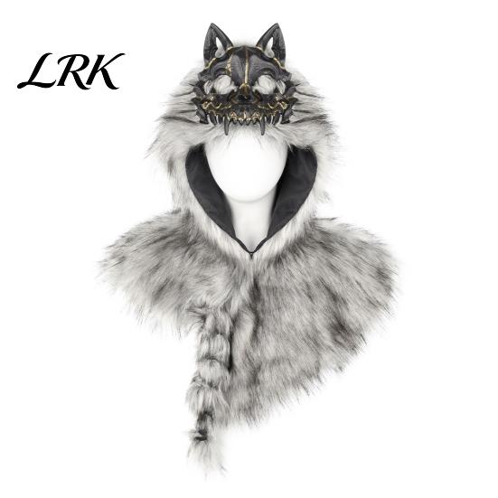 Műszőrme Farkasfej Köpeny Viking Sál, Kapucnis Sál Halloweenre Cosplay Jelmez Bál Színpadi Előadás És Tematikus Események Fotózási Kellék sötétszürke szín